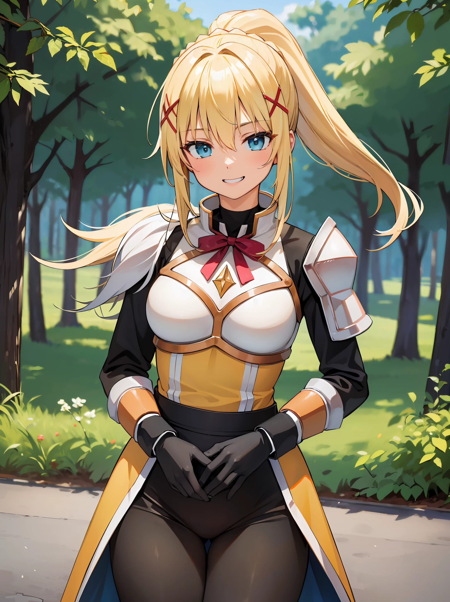 (in 8K, Raw photography, Best Quality, masutepiece: 1.2), high-definition RAW color photography, Professional Photography, Cinematic Light, (animesque:1.2), (1womanl), a blond, ((ksdarkness, ponytail, x hair ornament, armor, shoulder armor, bodysuit, black gloves, Yellow dress)), (Detailed facial expressions), slenderbody, ((Show your teeth and smile)), (((upperbody shot))), ((Kamimei)), ((in woods)), Realistic, Highly detailed, Photography, masutepiece, High quality, High quality, hight resolution, Professional Lighting,