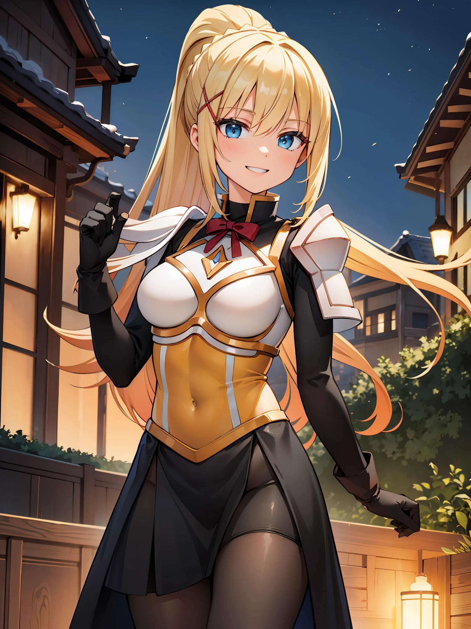 (in 8K, Raw photography, Best Quality, masutepiece: 1.2), high-definition RAW color photography, Professional Photography, Cinematic Light, (animesque:1.2), (1womanl), a blond, ((ksdarkness, ponytail, x hair ornament, armor, shoulder armor, bodysuit, black gloves, Yellow dress)), (Detailed facial expressions), slenderbody, ((Show your teeth and smile)), (((upperbody shot))), ((Kamimei)), ((in woods)), Realistic, Highly detailed, Photography, masutepiece, High quality, High quality, hight resolution, Professional Lighting,