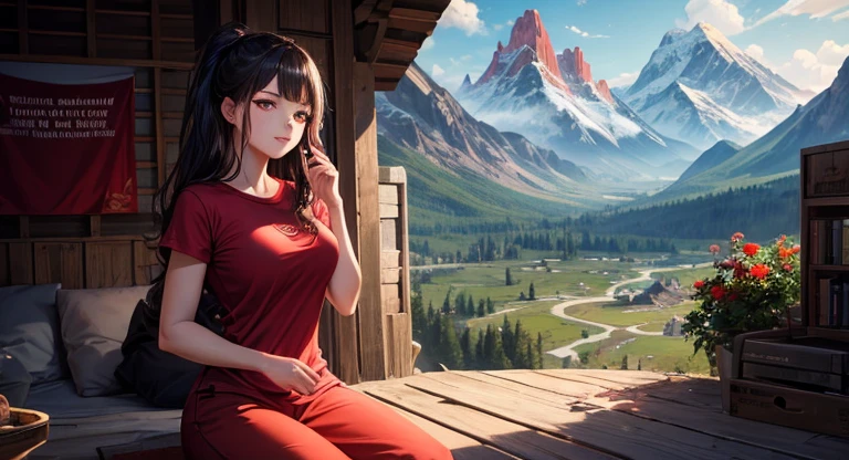 An extraordinary and beautiful detailed work, featuring a woman, in a red t-shirt, with the words Alika, and behind the woman there is an animated dragon, with a view of a beautiful mountain. With the best 4D resolution