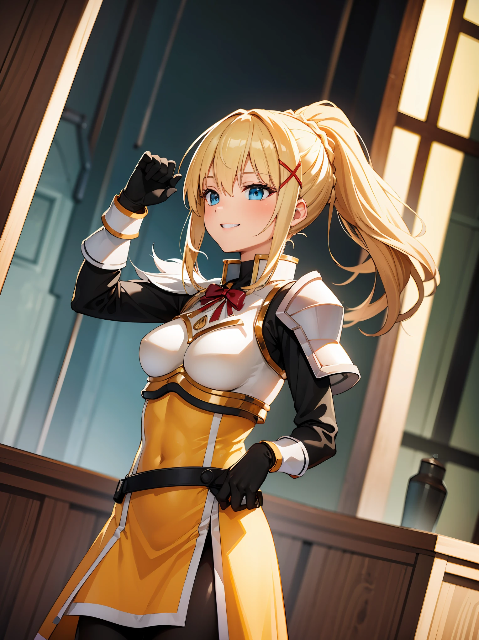 (in 8K, Raw photography, Best Quality, masutepiece: 1.2), high-definition RAW color photography, Professional Photography, Cinematic Light, (animesque:1.2), (1womanl), a blond, ((ksdarkness, ponytail, x hair ornament, armor, shoulder armor, bodysuit, black gloves, Yellow dress)), (Detailed facial expressions), slenderbody, ((Show your teeth and smile)), (((upperbody shot))), ((Kamimei)), ((in woods)), Realistic, Highly detailed, Photography, masutepiece, High quality, High quality, hight resolution, Professional Lighting,