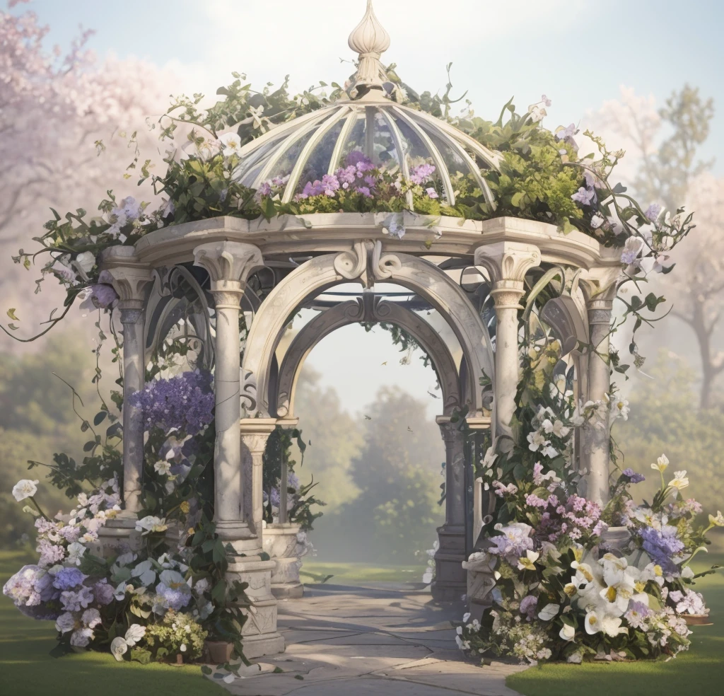 There is a gazebo,It's covered with flowers and vines, royal garden background, beautiful render of a fairytale, , beautiful high resolution, Garden background, dreamy and detailed, detailed scenic view, background artwork, high detal), well rendered, floral environment, pillars, Beautiful images, realistic garden, gazebo, arbor