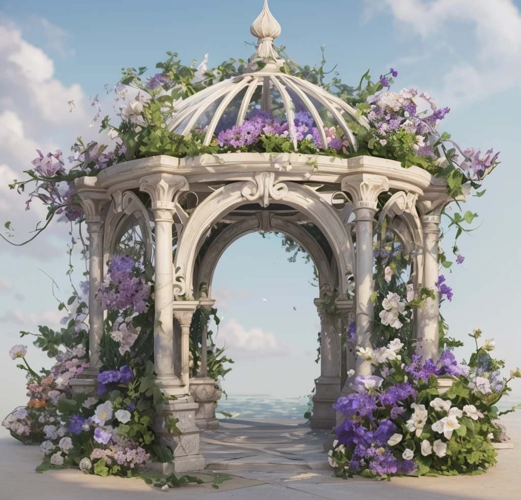 There is a gazebo，It&#39;s covered with flowers and vines, royal garden background, beautiful render of a fairytale, , beautiful high resolution, Garden background, dreamy and detailed, detailed scenic view, background artwork, high detal), well rendered, floral environment, pillars, Beautiful images, realistic garden, gazebo, arbor