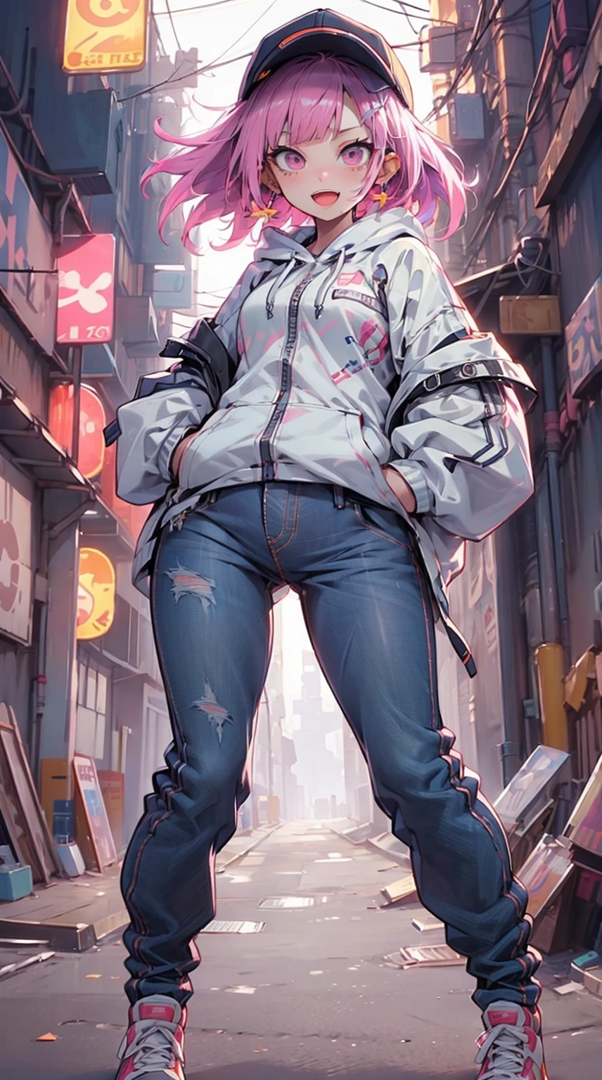 girl,Cute face,cute large eyes,Hoodie,jeans,Put on the cap,On the back roads at night,hands in the pocket,Laughing,Open mouth,masutepiece,Ultra Detail,ultra-quality,super precision,8K,No extra arms,no extra hands,No extra fingers,No extra legs,