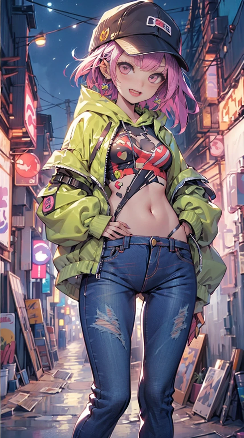 girl,Cute face,cute large eyes,Hoodie,jeans,Put on the cap,On the back roads at night,hands in the pocket,Laughing,Open mouth,masutepiece,Ultra Detail,ultra-quality,super precision,8K,No extra arms,no extra hands,No extra fingers,No extra legs,