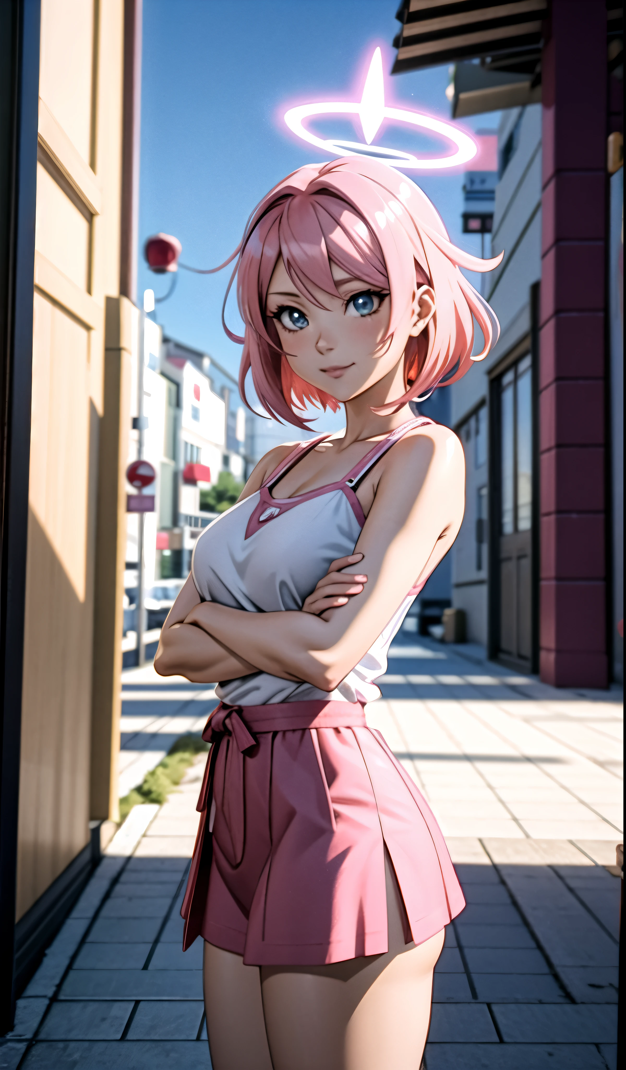 anime girl with pink hair and a halo on her head, anime styled 3d,  with a saint's halo, wearing angel halo, stylized anime, anime stylized, anime style. 8k, made with anime painter studio, anime highly detailed, render of a cute 3d anime girl, render of april, realistic anime 3 d style