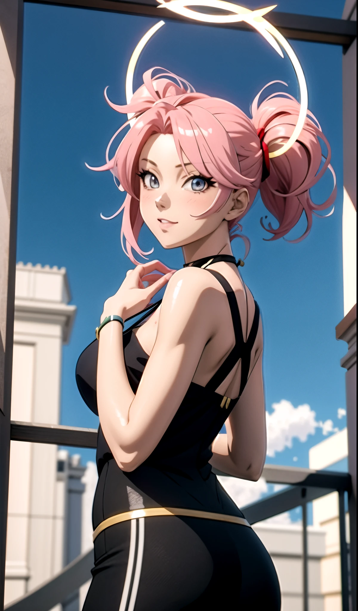 ultra realistic 8k cg, masterpiece, ((ultra detailed background, delicate pattern, intricate detail)), (highly detailed, fine details), best quality, 1girl, (photorealistic:1.4),beautiful lighting, absurdres, RAW photo, film grain, ((medium breasts, slim girl)), Reiju, 1girl, solo, pink hair, hair over one eye, blue eyes, medium breasts, short hair, cleavage, smile, tattoo, hairband, dress, scarf, headphones, gloves, (complex detailed background, inside, room environment, bedroom, posters, window, cowboy shot, slim girl, from behind), <lora:BeautifulDetailedEyes:0.4>, <lora:DetailTweaker:0.5>, <lora:Reiju10:0.8>