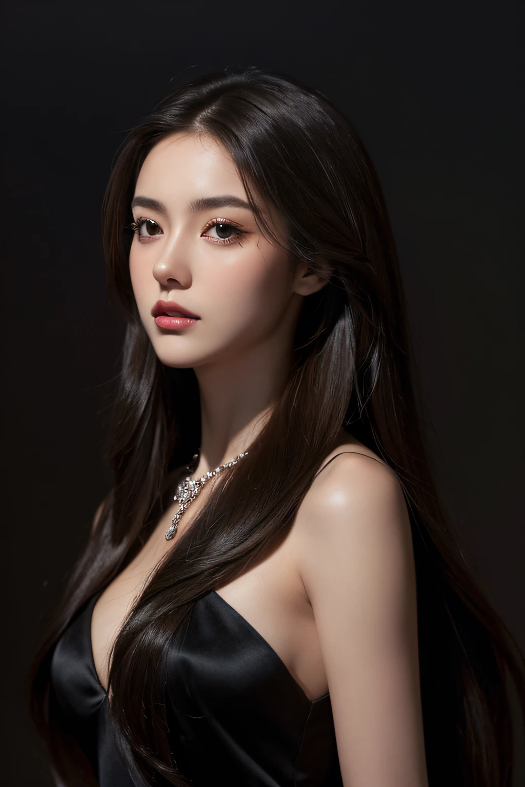 (a girl with long hair and dark brown hair, wearing a black evening dress), oil painting, fine details, high resolution, realistic lighting, vivid colors, intense expression, elegant posture, sophisticated atmosphere