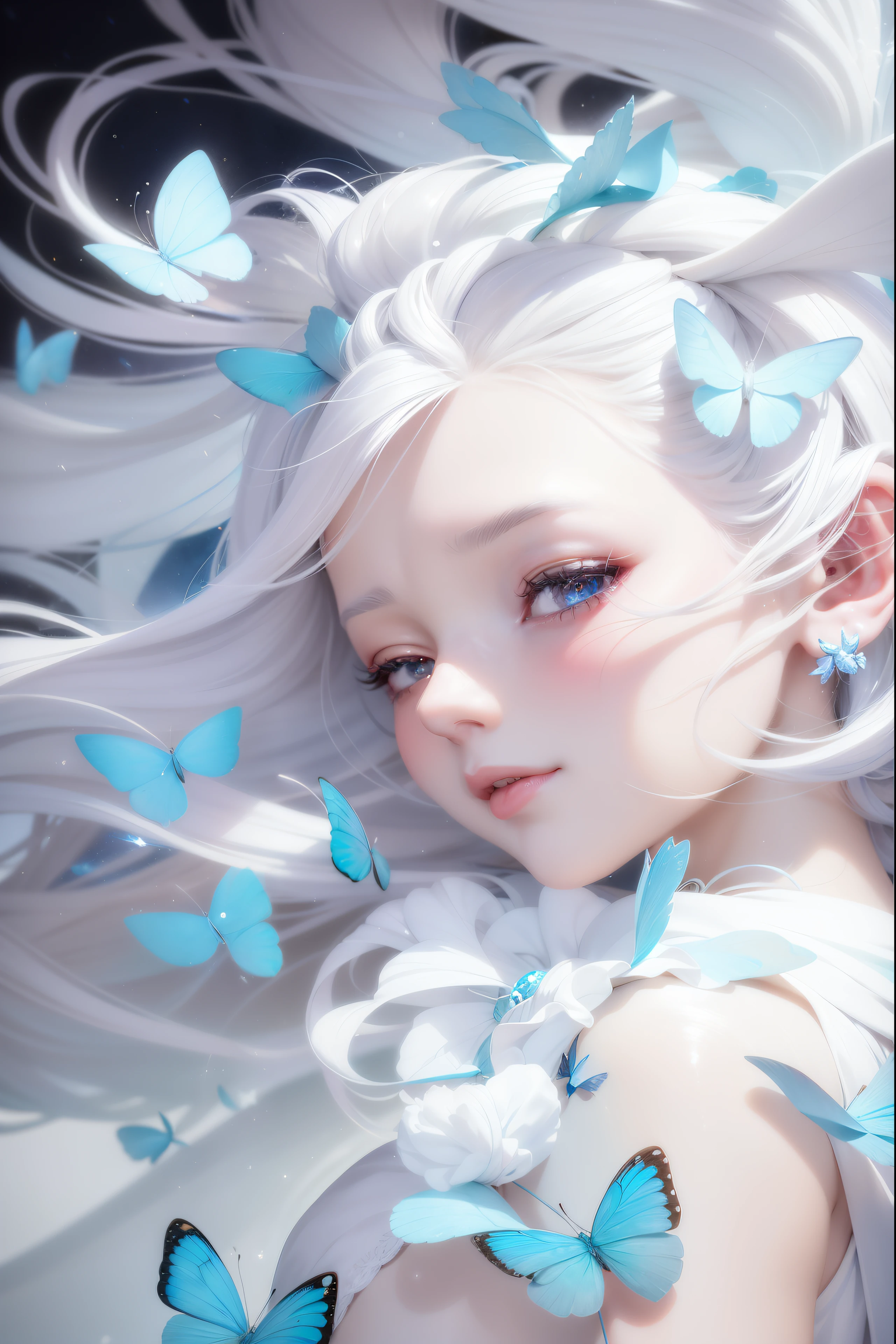 There is a girl with white hair,blue butterfly on head, guweiz, Guviz-style artwork, Beautiful fantasy anime, Beuatiful anime, Soft anime illustration, ross tran 8 k, A masterpiece by Guvitz, Anime beautiful peaceful scene, Popular topics on cgstation, A beautiful anime portrait, Beautiful youthful spirit, Beautiful anime girls