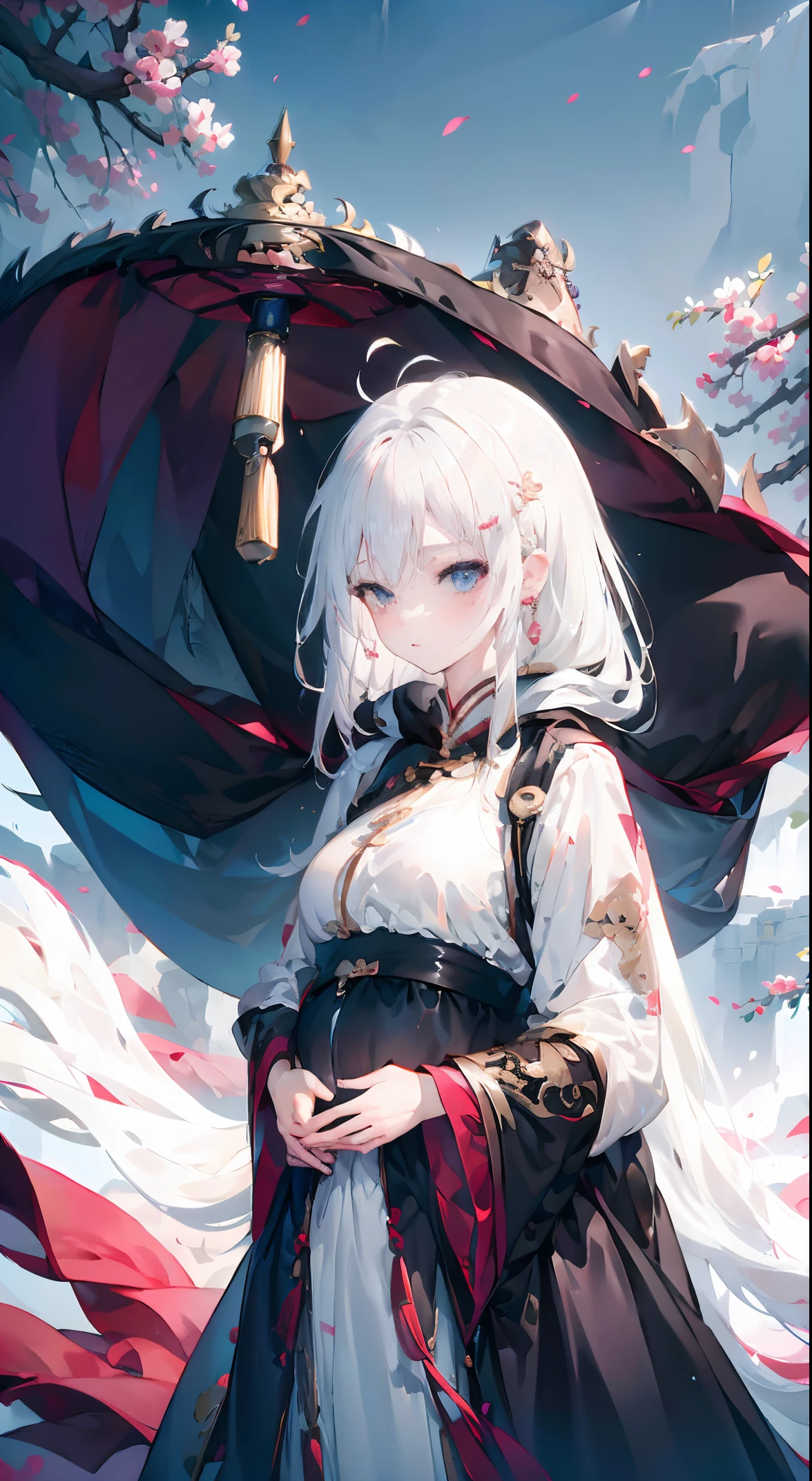 Golden hairpin, white ash hair, black shirt, white skirt, (black cloak:1.2), pale face, sweating, heavy breath, blushing, pregnancy dresest quality:1.2), ultra-detailed,realistic ,portraits, vivid colors, soft lighting, interesting PoV, stocking, straight hair, pregnant, Pregnant belly, Chinese sword, anime girl