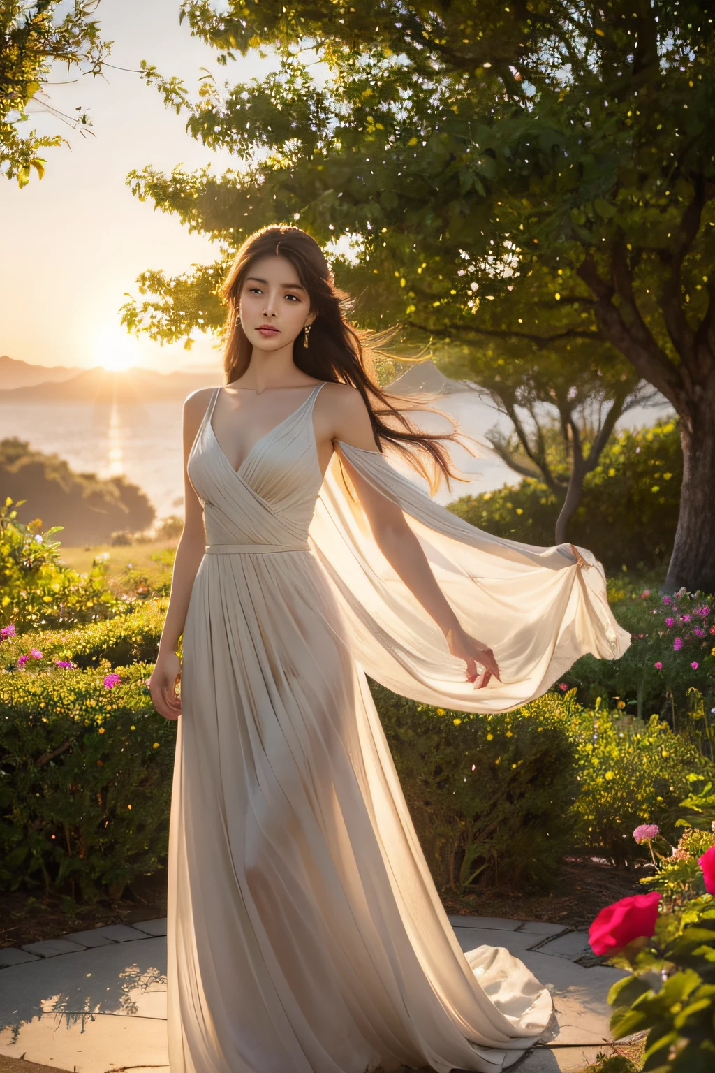 (best quality,4k,8k,highres,masterpiece:1.2),ultra-detailed,(realistic,photorealistic,photo-realistic:1.37),brunette girl,long hair,black Evening Dress,beautiful detailed eyes,beautiful detailed lips,extremely detailed eyes and face,long eyelashes,portraits,studio lighting,vivid colors,warm color tones,soft lighting,gorgeous scenery,rose garden,glowing sunset,gentle breeze,delicate flowers,butterflies dancing,peaceful atmosphere,serene expression,confident posture,relaxed stance,subtle smile,graceful pose,romantic ambiance,ethereal beauty,impeccable makeup,exquisite jewelry,sparkling earrings,natural beauty,elaborate hairstyle,eye-catching accessories,impressive silhouette,sophisticated elegance,leaves rustling,colorful blooms,whispering trees,serenity and tranquility,natural charm,harmonious composition,artistic rendering,meticulous brushstrokes,refined details,stunning artwork.