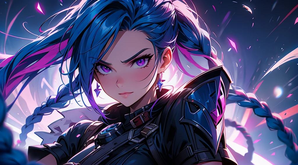 Jinx, arcane, league of legends, crazy, guns, combat outfit, digital illustration, vibrant colors, soft lighting, absurdres, ultrasharp, 8K