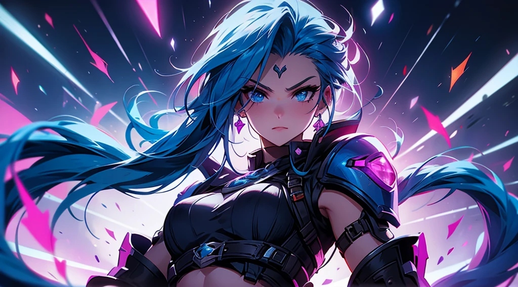 Jinx, arcane, league of legends, crazy, guns, combat outfit, digital illustration, vibrant colors, soft lighting, absurdres, ultrasharp, 8K