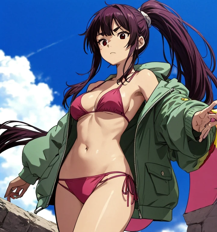 A girl with long dark purple hair in a ponytail with bangs and thick eyebrows is standing in a green jacket and a slightly dark pink bikini.。