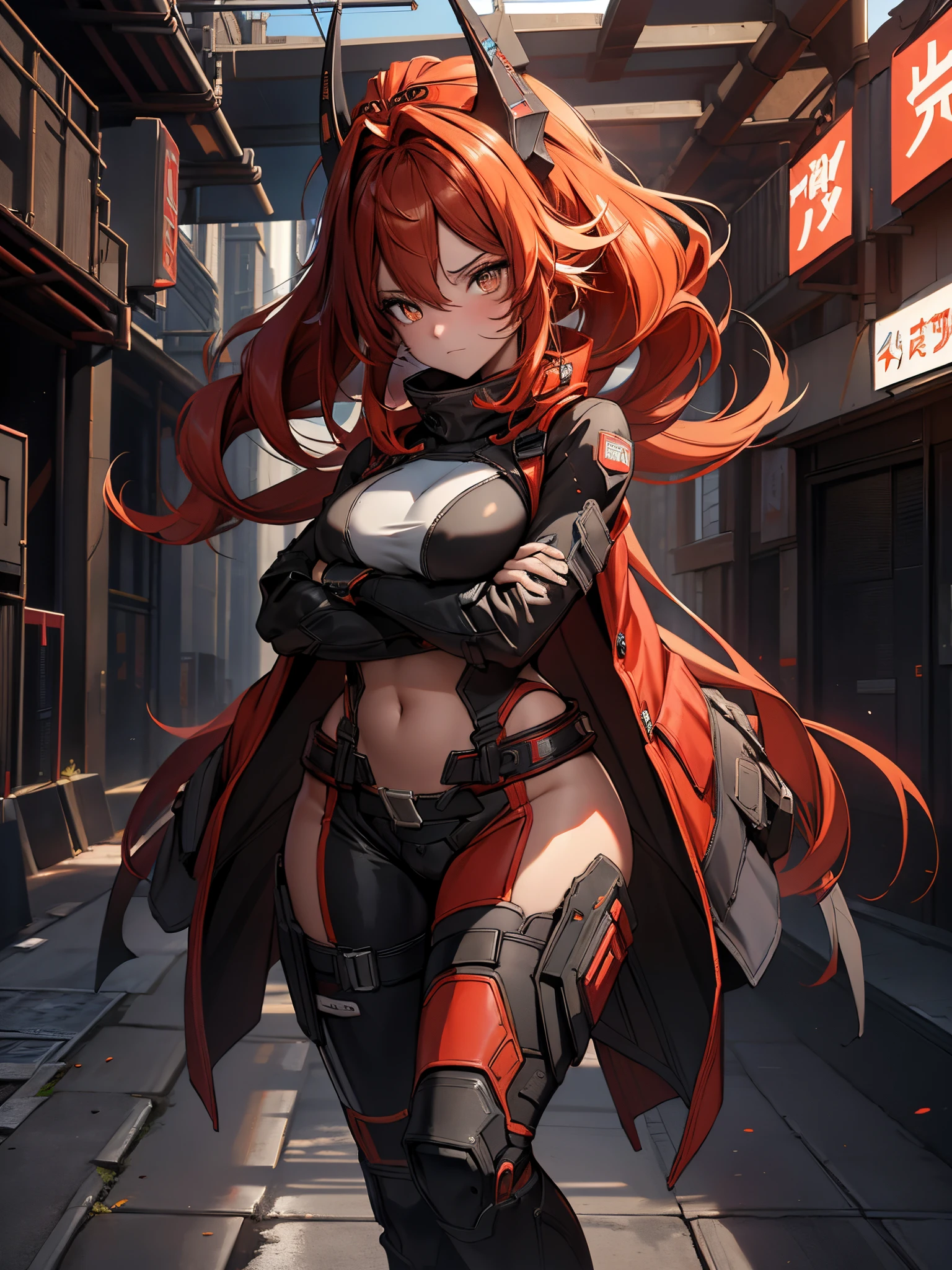 A lone mature girl, Leg long Burning Red hair, , Brown eyes, cat eyes, Beautiful face, masterpiece, best quality, expressive eyes, perfect face, forehead protector, long Black Twin Horn Head Gear, Big Anti-Tank Sniper Rifle, Exposed Navel, Black rubber skin tight suit, full leg black stocking, exposed chest , sci-fi city , High detail mature face, combat suit, high res, ultra sharp, She stands confidently in the center of the poster, Shooting pose, explosion effect, a determined expression on her face。The background is dark and gritty，There is a sense of danger and a strong feeling。The text is bold and eye-catching，With catchy slogans，Adds to the overall drama and excitement。The color palette is dominated by dark colors，Dotted with bright colorake the poster dynamic and visually strikinagazines:1.3), (Cover-style:1.3), Fashion, vibrant, Outfit, posing on a, Front, rich colorful，Background with，element in，self-assured，Expressing the，halter，statement，Attachment，A majestic，coil，Runt，Touching pubic area，Scenes，text，Cover of a，boldness，attention-grabbing，titleashion，typeface，，Best quality at best，Hyper-detailing，8K ，hyper HD