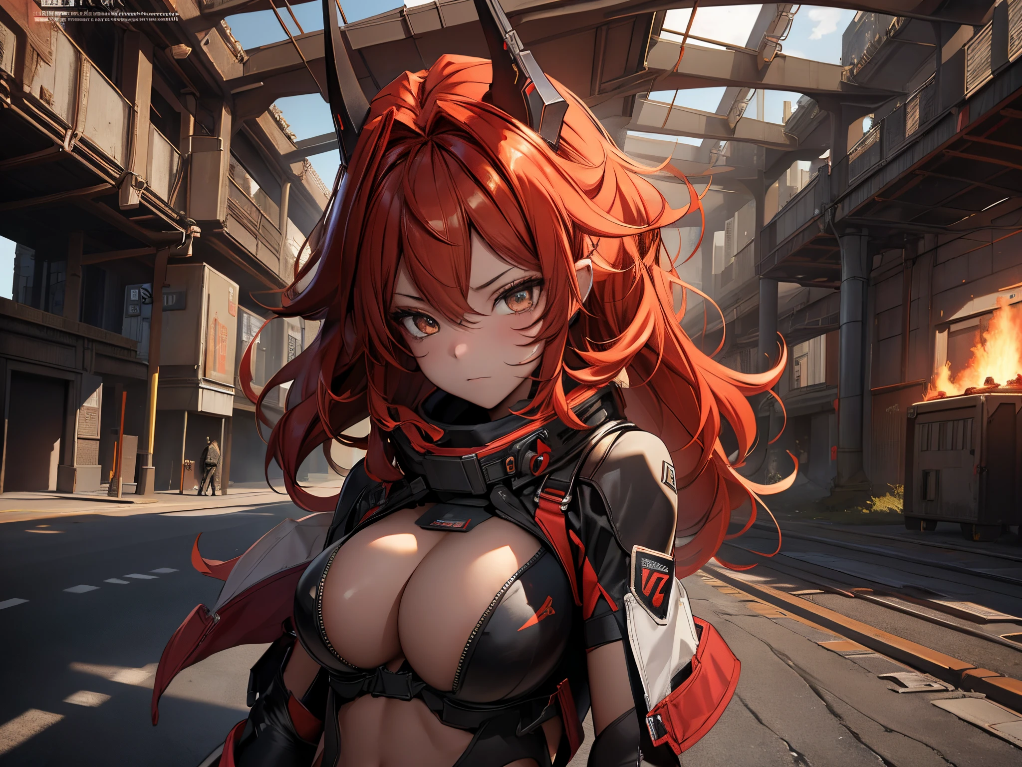 A lone mature girl, Leg long Burning Red hair, , Brown eyes, cat eyes, Beautiful face, masterpiece, best quality, expressive eyes, perfect face, forehead protector, long Black Twin Horn Head Gear, Big Anti-Tank Sniper Rifle, Exposed Navel, Black rubber skin tight suit, full leg black stocking, exposed chest , sci-fi city , High detail mature face, combat suit, high res, ultra sharp, She stands confidently in the center of the poster, Shooting pose, explosion effect, a determined expression on her face。The background is dark and gritty，There is a sense of danger and a strong feeling。The text is bold and eye-catching，With catchy slogans，Adds to the overall drama and excitement。The color palette is dominated by dark colors，Dotted with bright colorake the poster dynamic and visually strikinagazines:1.3), (Cover-style:1.3), Fashion, vibrant, Outfit, posing on a, Front, rich colorful，Background with，element in，self-assured，Expressing the，halter，statement，Attachment，A majestic，coil，Runt，Touching pubic area，Scenes，text，Cover of a，boldness，attention-grabbing，titleashion，typeface，，Best quality at best，Hyper-detailing，8K ，hyper HD