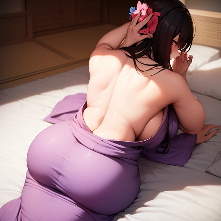 there is 1woman that lying on bed,solo,((back is down)),(((A MILF: 1.4))), (Curvy:1.35),(((sexy))),Curvy physique,, Thick body,((Completely naked)), ((hand lift yukata)),((naked yukata)),bare back,model in Japan,((Sexual suggestivenesrom above
