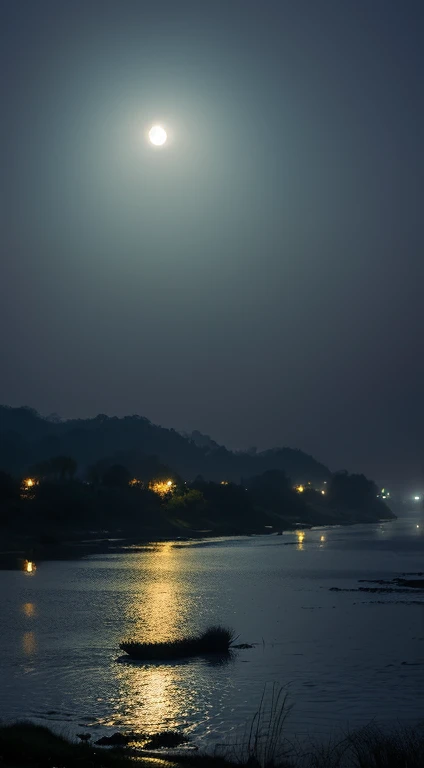 (tmasterpiece,Authentic Photos,Concise structure:1.5),the night,Li river scenery,foggy atmosphere,White Full Moon、Fantastical、murky、enticing、A black
