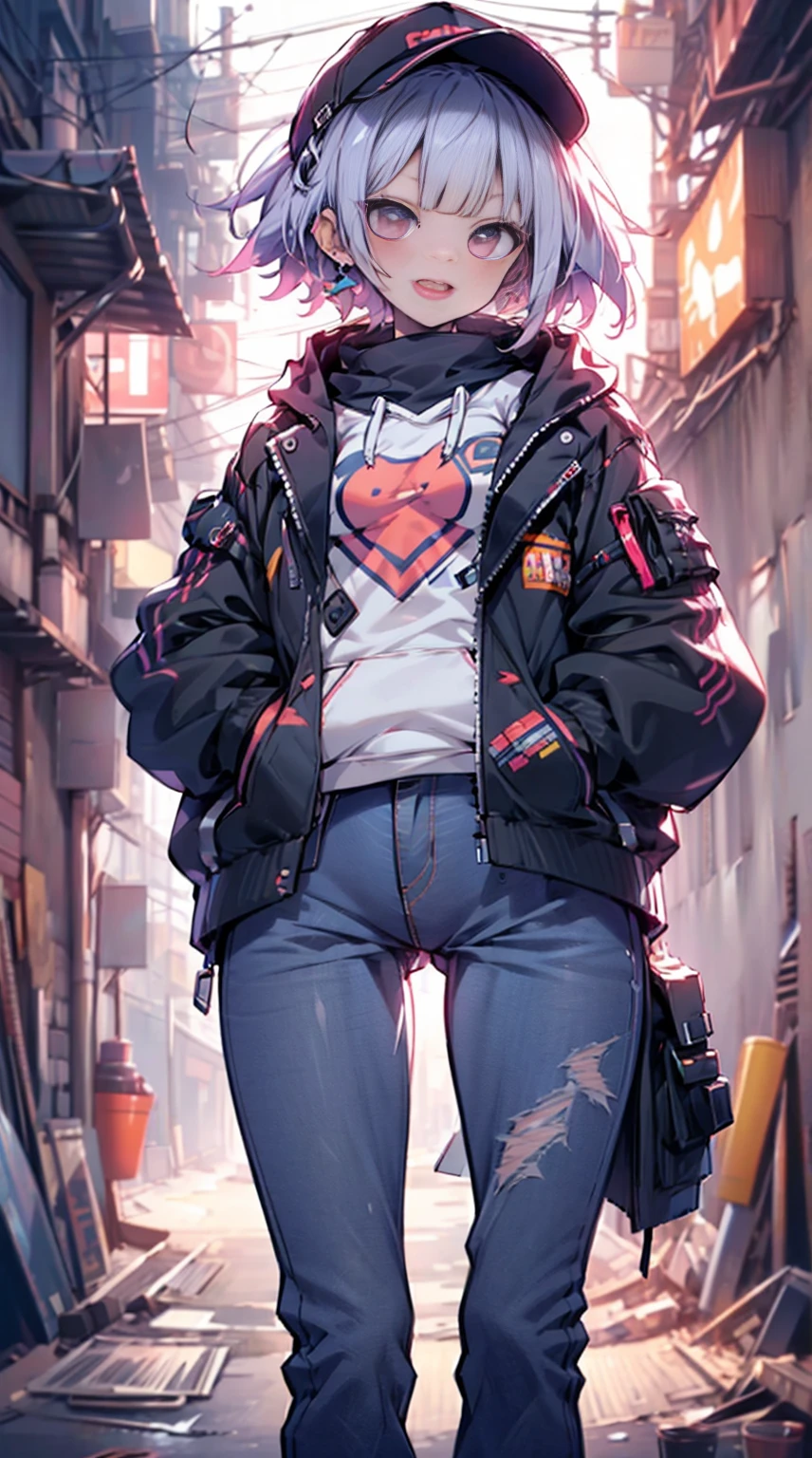 girl,Cute face,cute large eyes,Hoodie,jeans,Put on the cap,On the back roads at night,hands in the pocket,Laughing,Open mouth,masutepiece,Ultra Detail,ultra-quality,super precision,8K,No extra arms,no extra hands,No extra fingers,No extra legs,
