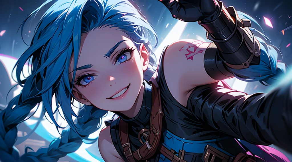 Jinx, arcane, league of legends, crazy, guns, combat outfit, digital illustration, vibrant colors, soft lighting, absurdres, ultrasharp, 8K