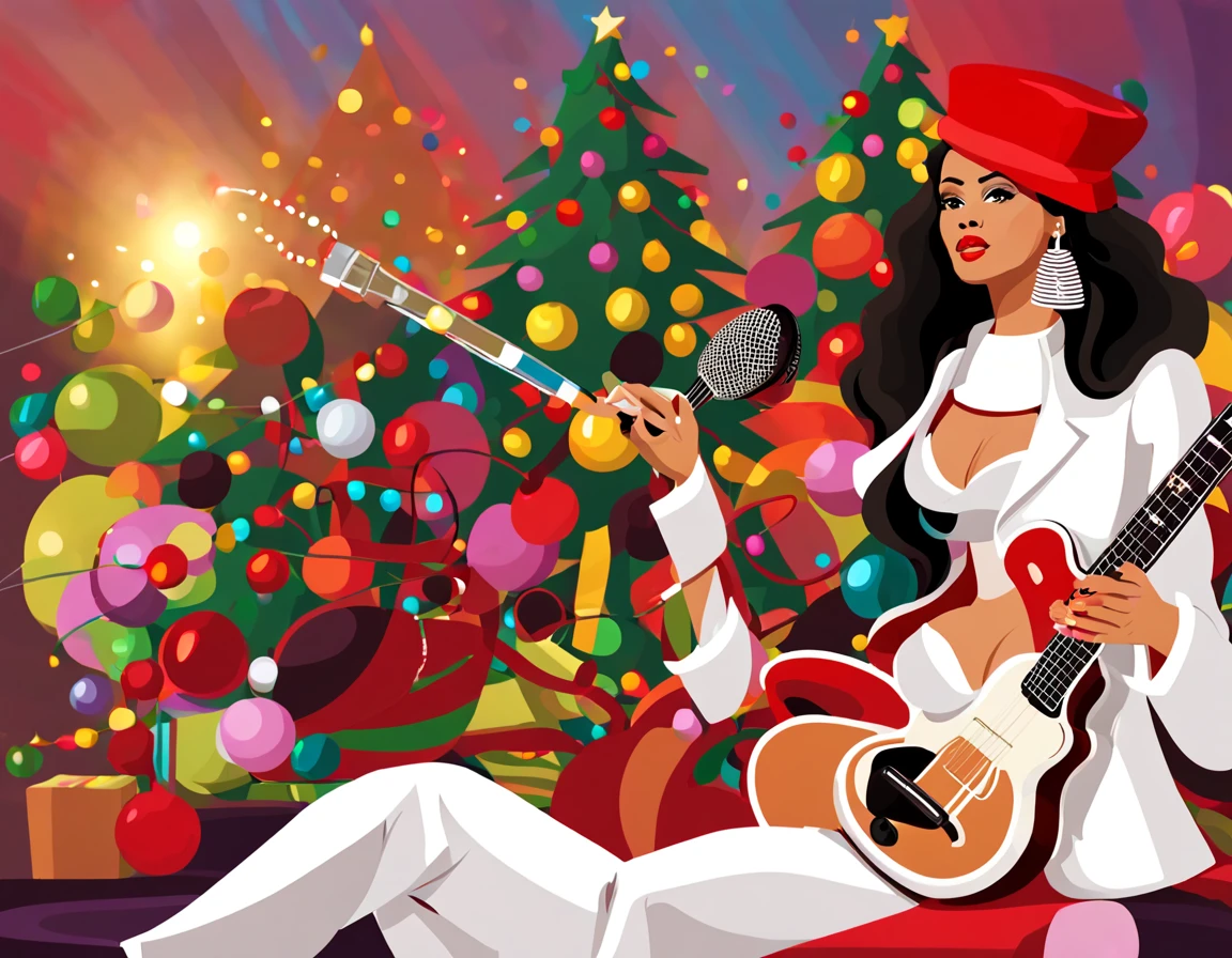 Brazilian style singer woman, 80s, wearing a white suit. Light brunette and voluminous hair. Atmosphere with Christmas decoration. realistic cartoon image with a more distant perspective.