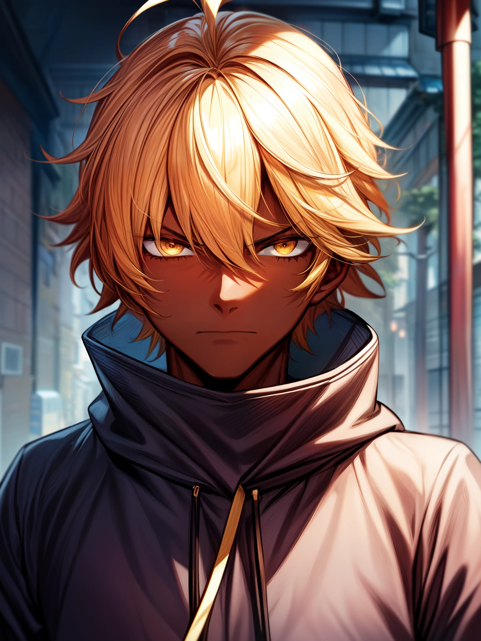 ((blacksmith)), ((ahoge)), close-up, upper body portrait, ((dark skin)), ((street clothelack hoodie)), ((male)), ((serious expression)), ((bright golden hair)), ((short wild hair)), ((mature male)), ((complementary colors)),1boy, beautifully drawn, high resolution illustration, best quality, High definition, ((detailed anime sketch)), Masterpiece, (solo), absurdres, detailed background, fine detail, male focus, HDR,