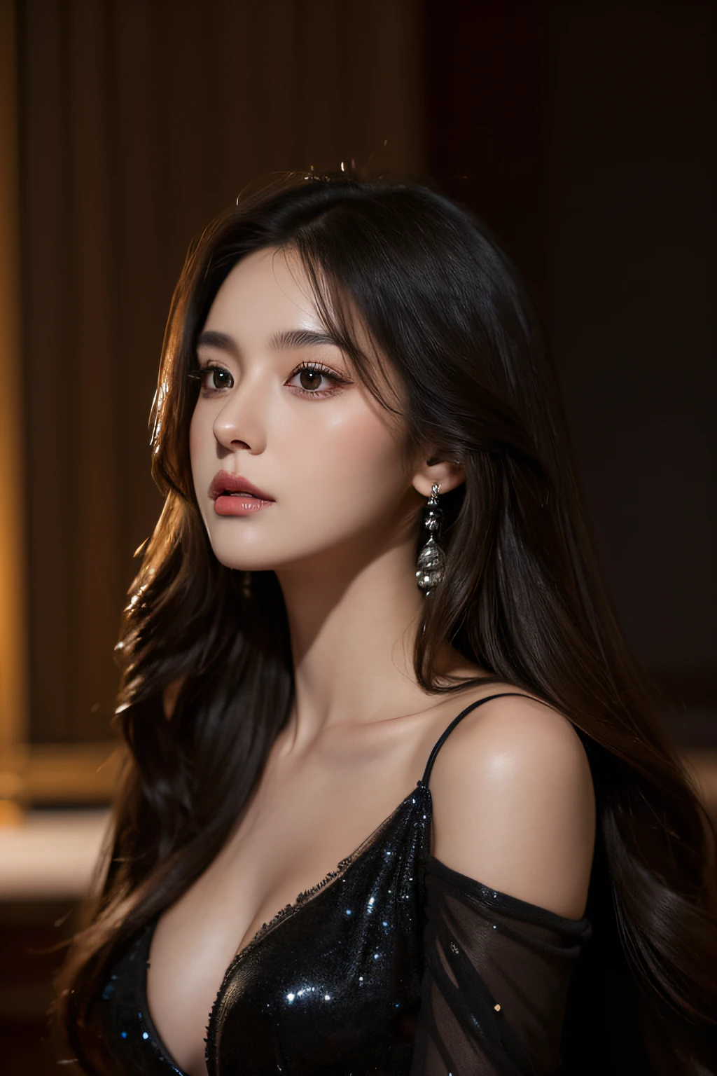(a girl with long hair and dark brown hair, wearing a black evening dress), fine details, high resolution, realistic lighting, vivid colors, intense expression, elegant posture, sophisticated atmosphere