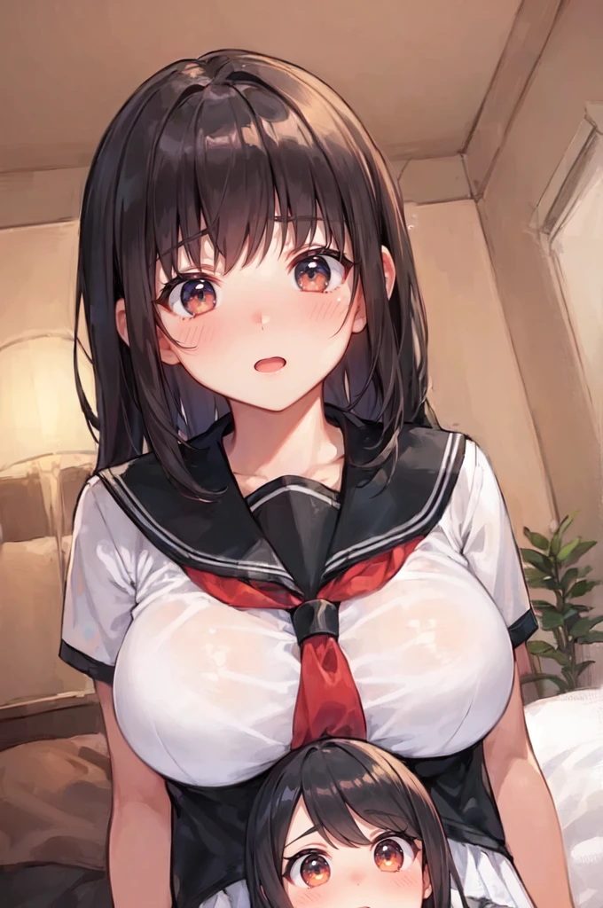 (2girls:1.5), (height_difference:1.5), (size_difference:1.1), (giantess:1.1), a giantess pinning a tiny woman down, a giantess hugging a tiny woman, a tiny woman below the breasts of a giantess, serafuku, putting her breasts on her head, bedroom, bed, sweaty, cleavage, looking at another, looking in her eyes, (adult woman: 1.2), (mature:1.2)