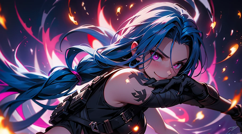 Jinx,arcane,dark shadowy background,crazy pose,smirking expression,flaming red haircausing flames to dance around her,elongated fingers holding a pair of signature arcanelaser pistols pointed in different directions,arcane energy crackling around the weapons,digital illustration,stark contrast between vibrant colors and dark background,glowing blue arcane glyphs swirling around Jinx,colorful explosions in the distance,soft lighting casting dramatic shadows,absurdres,ultrasharp,8K.