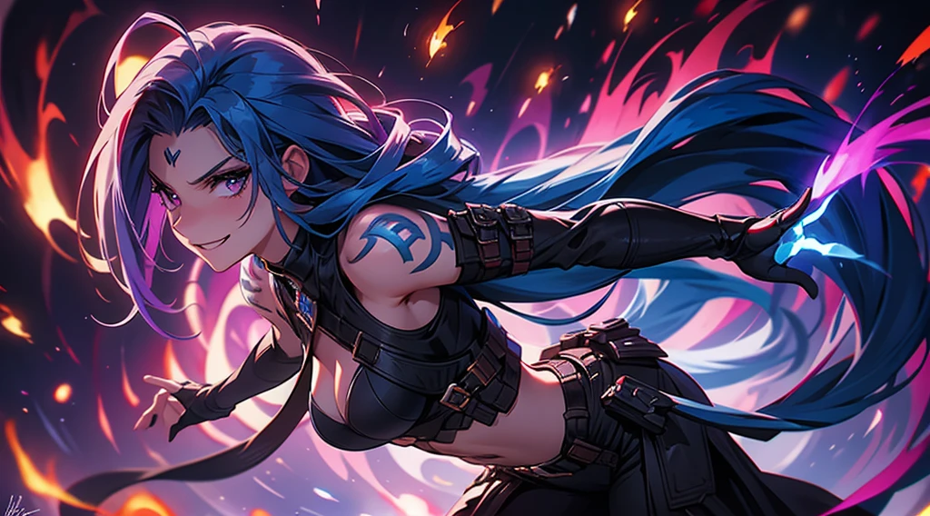 Jinx,arcane,dark shadowy background,crazy pose,smirking expression,flaming red haircausing flames to dance around her,elongated fingers holding a pair of signature arcanelaser pistols pointed in different directions,arcane energy crackling around the weapons,digital illustration,stark contrast between vibrant colors and dark background,glowing blue arcane glyphs swirling around Jinx,colorful explosions in the distance,soft lighting casting dramatic shadows,absurdres,ultrasharp,8K.