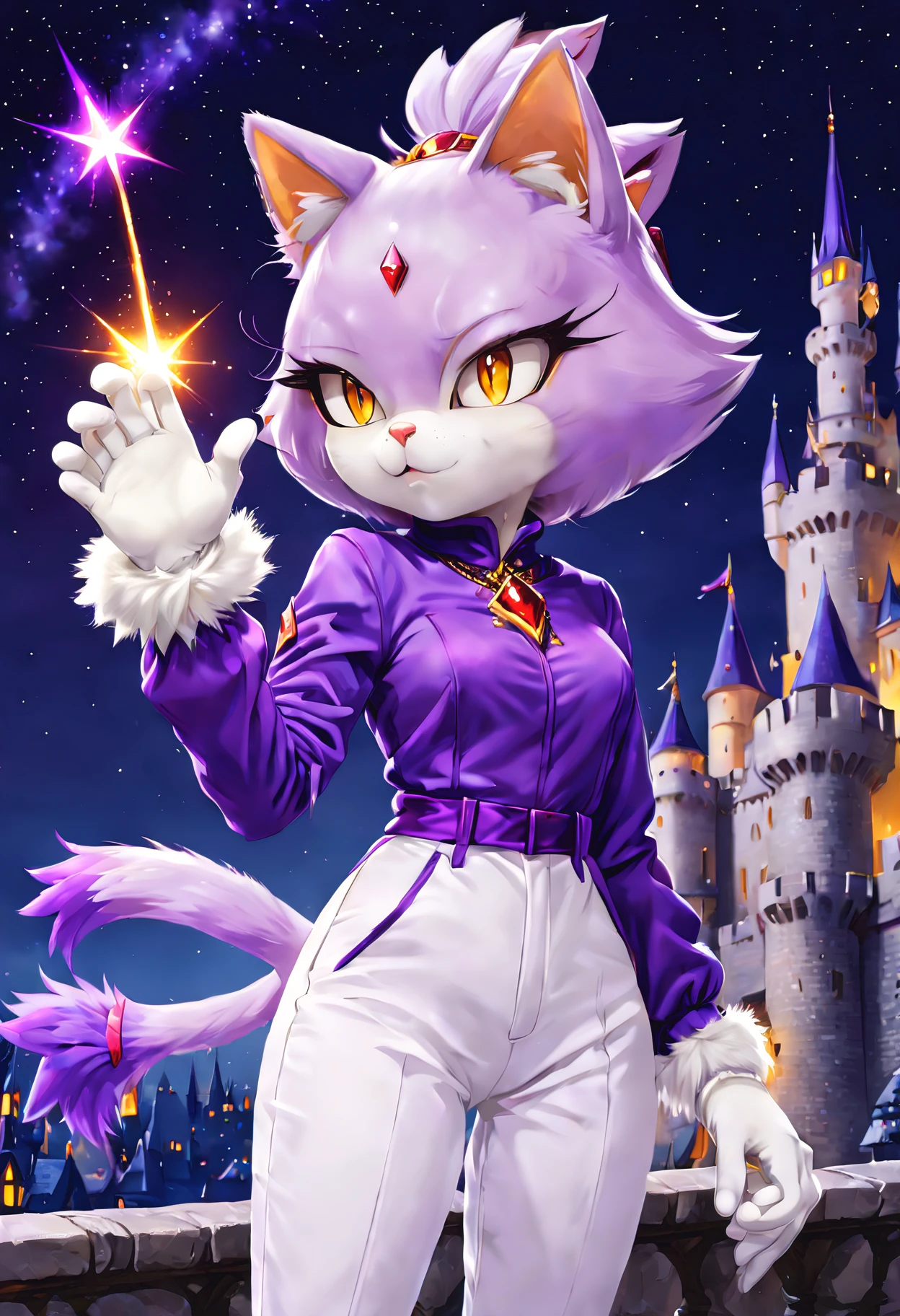 masterpiece, best quality, highres, Blaze The Cat, 1girl, gold necklace, white jumpsuit, animal_ears, closed_mouth, red forehead_jewel, fur-trimmed_gloves, fur_trim, furry, furry_female, gloves, long_sleeves, purple_coat, purple_hair, solo, standing, tied_hair, topknot, white_gloves, white_pants, yellow_eyes, tail, photo background, night sky, castle, solo, shooting star, star \(sky\), perfect hands, perfect anatomy