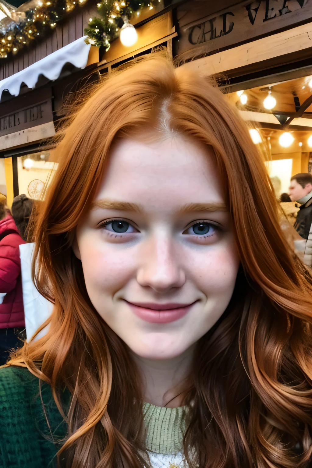 1girl in, 19, Solo, Aesthetic artwork, irish, wavy ginger hair, shoulder length hair, at a Christmas market with friends, selfie