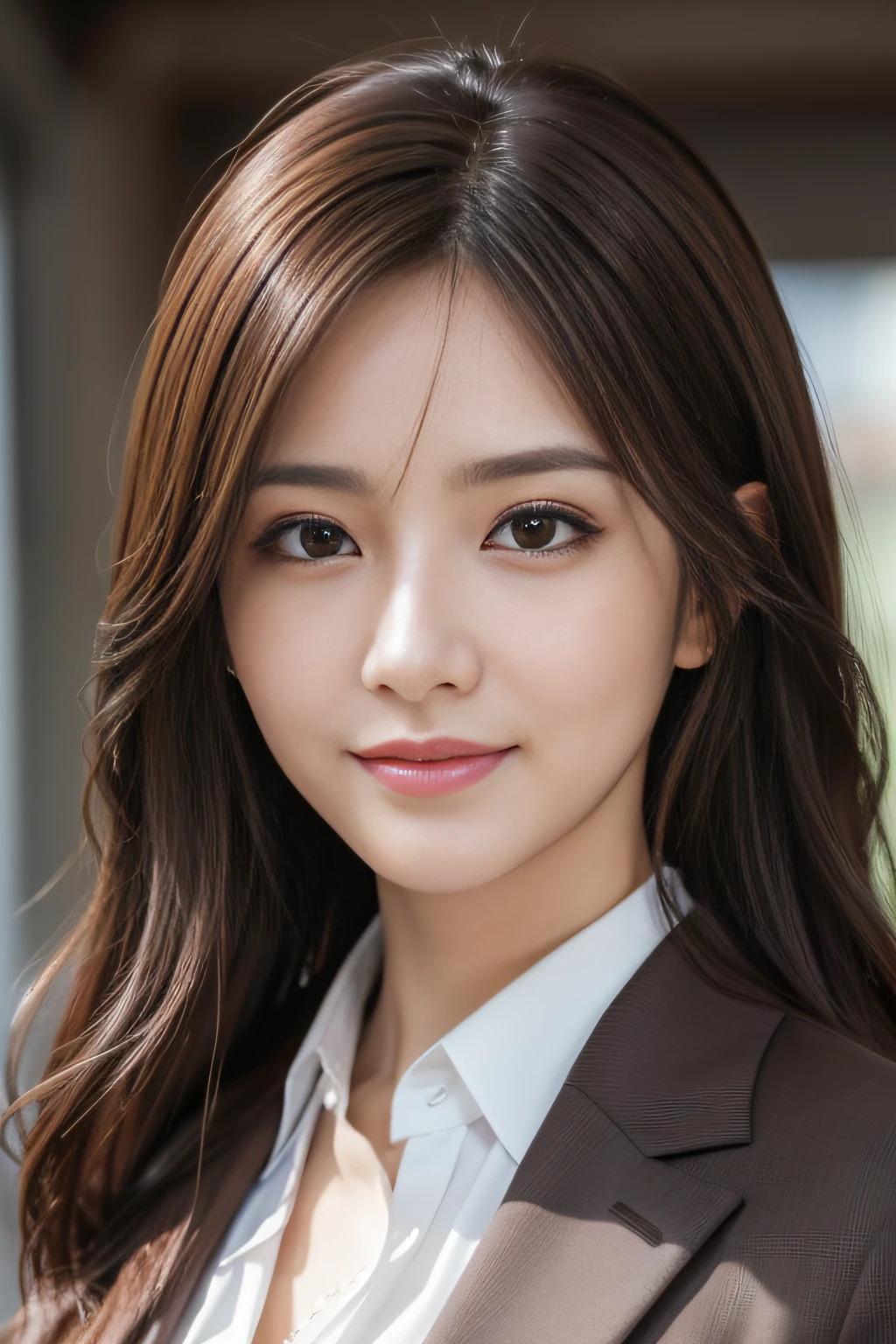 masutepiece, Best Quality, Photorealistic, Ultra-detailed, finely detail, High resolution, 8K Wallpaper, 1 beautiful woman,, light brown messy hair, in a business suit, foco nítido, Perfect dynamic composition, Beautiful detailed eyes, detailed hairs, Detailed realistic skin texture, Smiling, Close-up portrait, Model body type