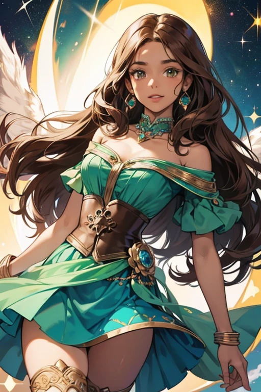 Aisha is a dark-skinned girl with a medium brown complexion, long, curly mahogany brown hair, and cerulean eyes. Her Winx outfit consists of a sparkly green two-toned one-shoulder top, a sparkly green mini skirt atop darker green mini shorts, and green calf-high boots with cream heels. There is a green sash connecting her top and skirt with several silver rings on her outfit, on her arm, and around her neck. Her wings are sky blue with spiky-styled mauve tips. Glitter; spirkle
