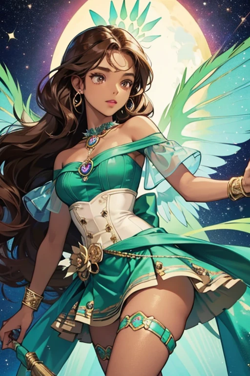 Aisha is a dark-skinned girl with a medium brown complexion, long, curly mahogany brown hair, and cerulean eyes. Her Winx outfit consists of a sparkly green two-toned one-shoulder top, a sparkly green mini skirt atop darker green mini shorts, and green calf-high boots with cream heels. There is a green sash connecting her top and skirt with several silver rings on her outfit, on her arm, and around her neck. Her wings are sky blue with spiky-styled mauve tips. Glitter; spirkle