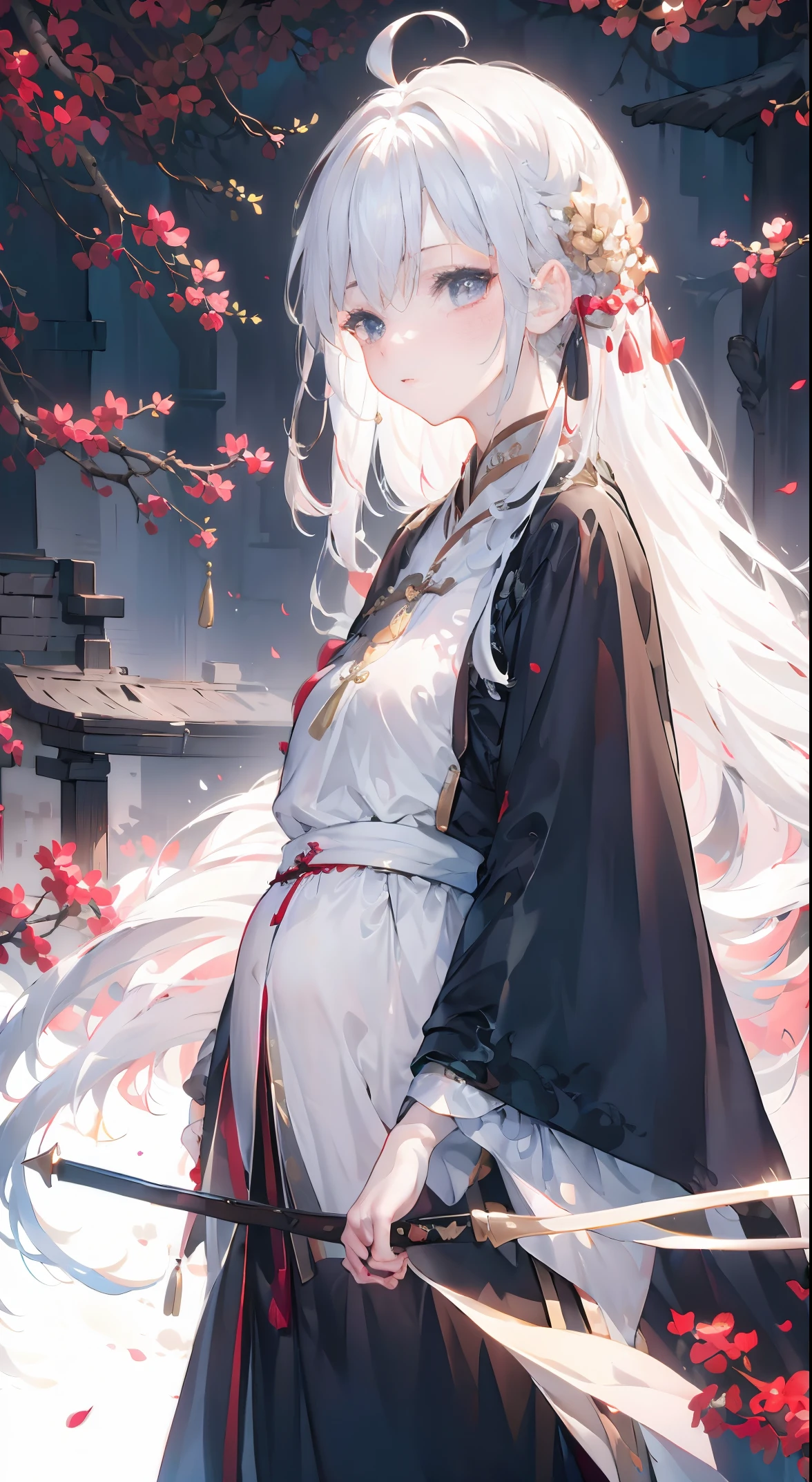 Golden hairpin, white ash hair, black shirt, white skirt, (black cloak:1.2), pale face, sweating, heavy breath, blushing, pregnancy  dresest quality:1.2), ultra-detailed,realistic ,portraits, vivid colors, soft lighting, interesting PoV, stocking, straight hair, pregnant, Pregnant  belly, Chinese sword, anime girl, solo girl