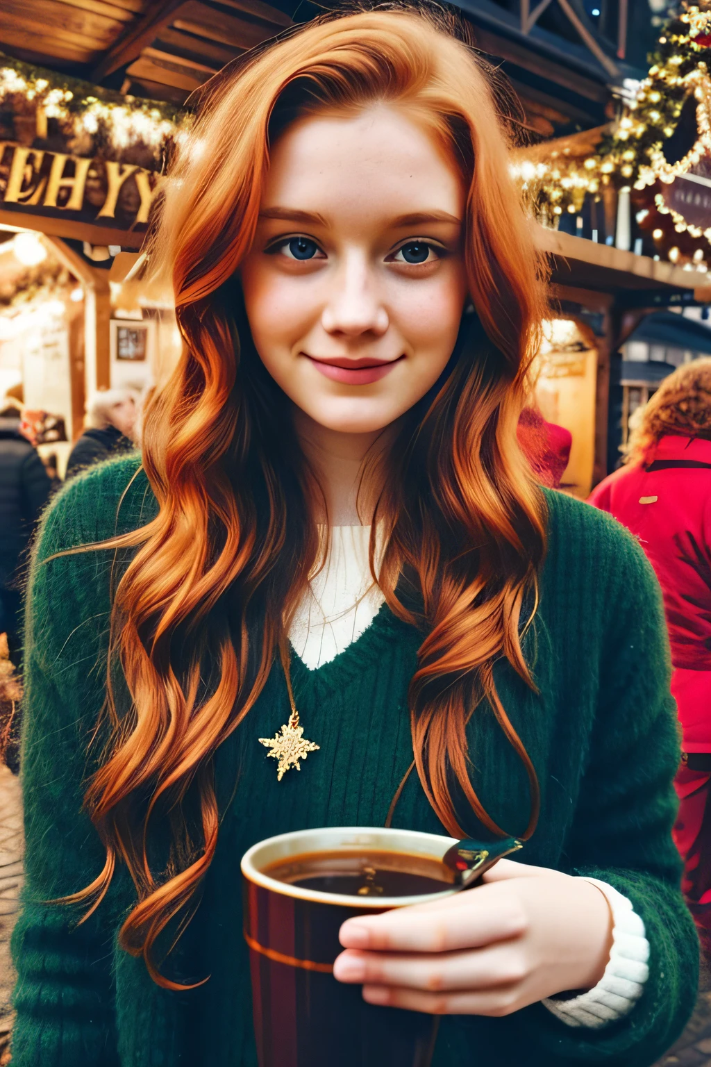 1girl in, age19, Solo, Aesthetic artwork, irish, wavy ginger hair, shoulder length hair, at a Christmas market with friends, selfie