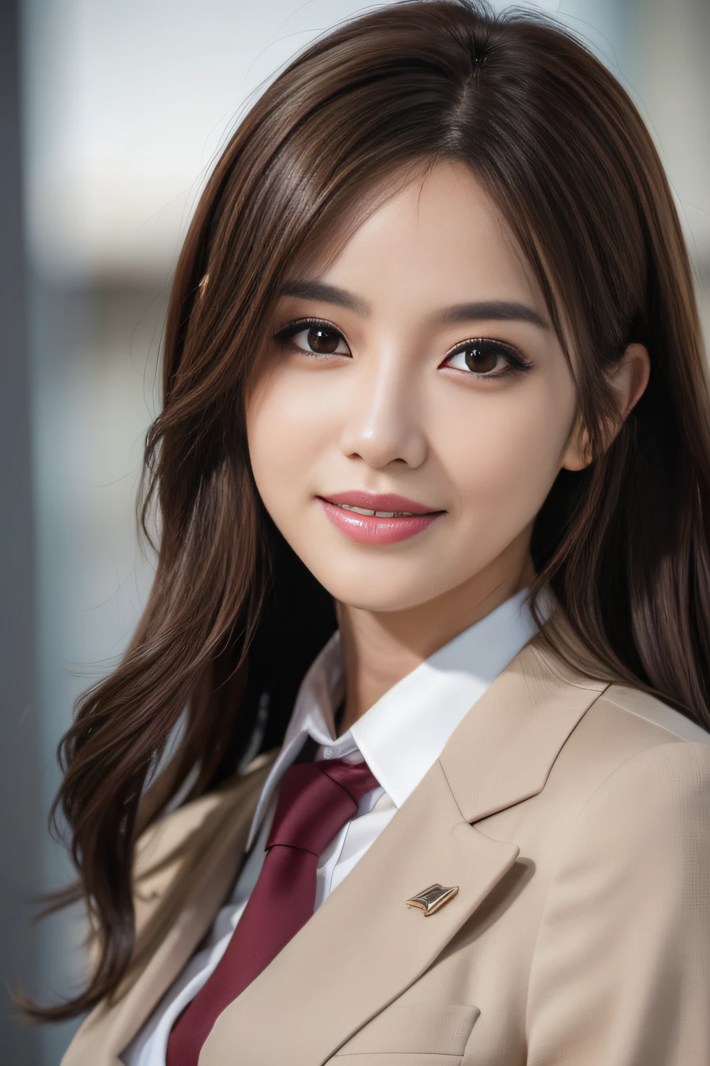 masutepiece, Best Quality, Photorealistic, Ultra-detailed, finely detail, High resolution, 8K Wallpaper, 1 beautiful woman,, light brown messy hair, in a business suit, foco nítido, Perfect dynamic composition, Beautiful detailed eyes, detailed hairs, Detailed realistic skin texture, Smiling, Close-up portrait, Model body type
