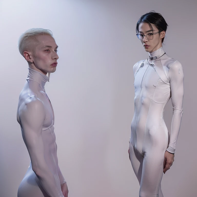 (masterpiece, best quality, 4k, dreamlike, hyperrealistic:1.35), (Doctor Shen is albino tall lean androgynous male perverted genius nerdy geeky technomage queer transhumanist depraved homosexual misogynist kinky sadistic villain with weak stomach beautiful eyes thin face flat chest frail shoulders lithe waist male crotch bulge sleek skintight bodysuit:1.5)