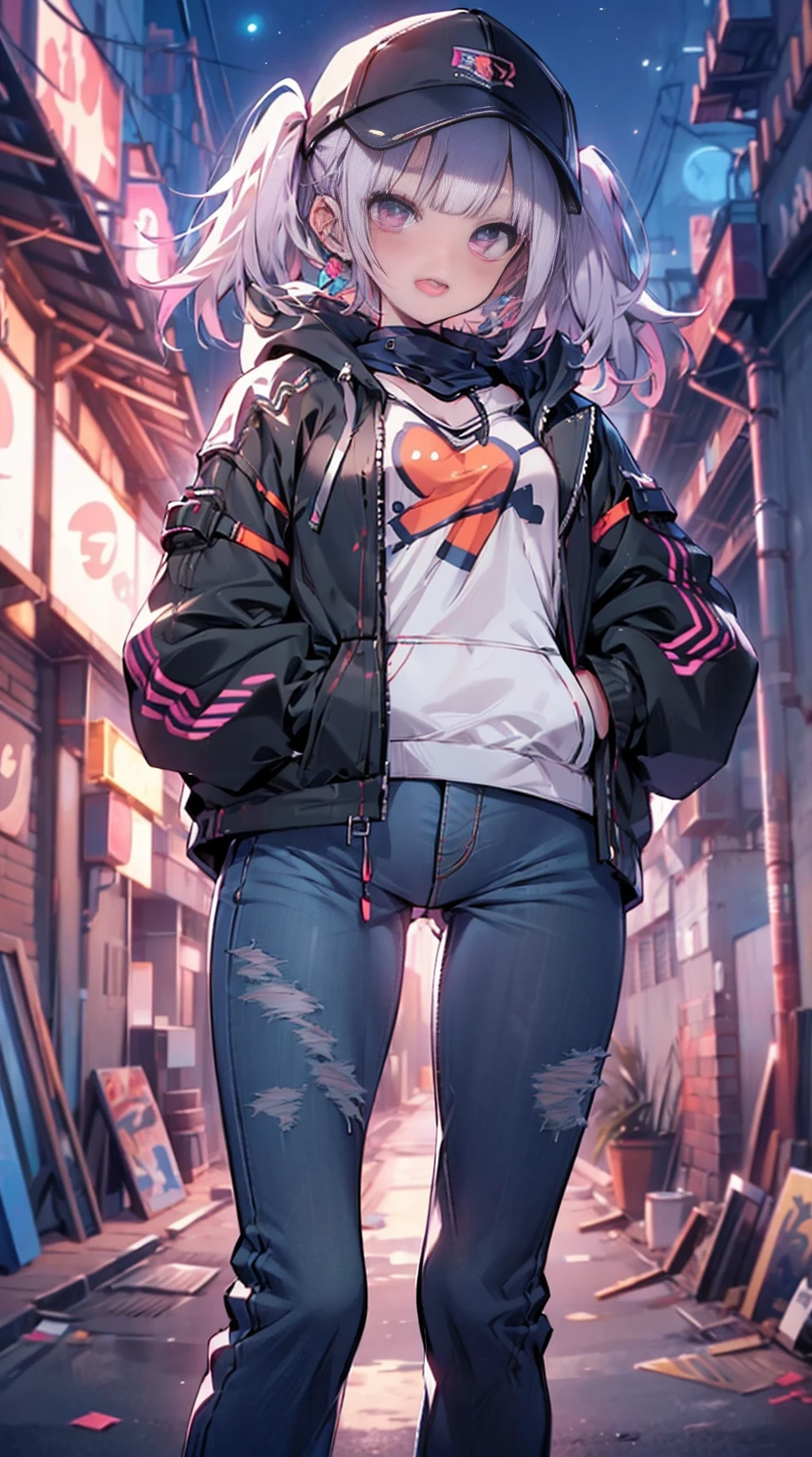 girl,Cute face,twin tail,cute large eyes,Hoodie,jeans,Put on the cap,On the back roads at night,hands in the pocket,Laughing,Open mouth,masutepiece,Ultra Detail,ultra-quality,super precision,8K,No extra arms,no extra hands,No extra fingers,No extra legs,