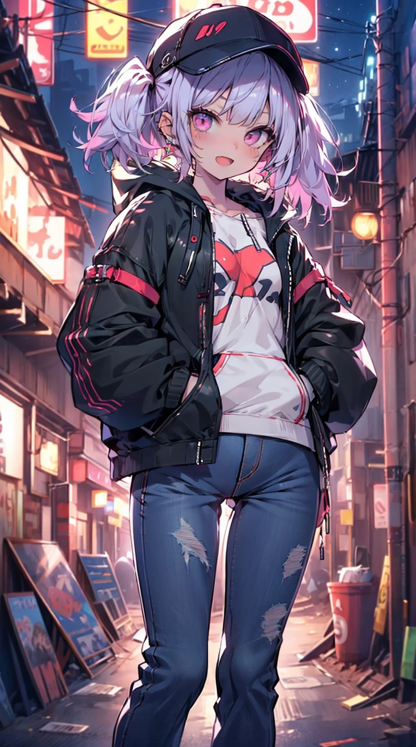 girl,Cute face,twin tail,cute large eyes,Hoodie,jeans,Put on the cap,On the back roads at night,hands in the pocket,Laughing,Open mouth,masutepiece,Ultra Detail,ultra-quality,super precision,8K,No extra arms,no extra hands,No extra fingers,No extra legs,