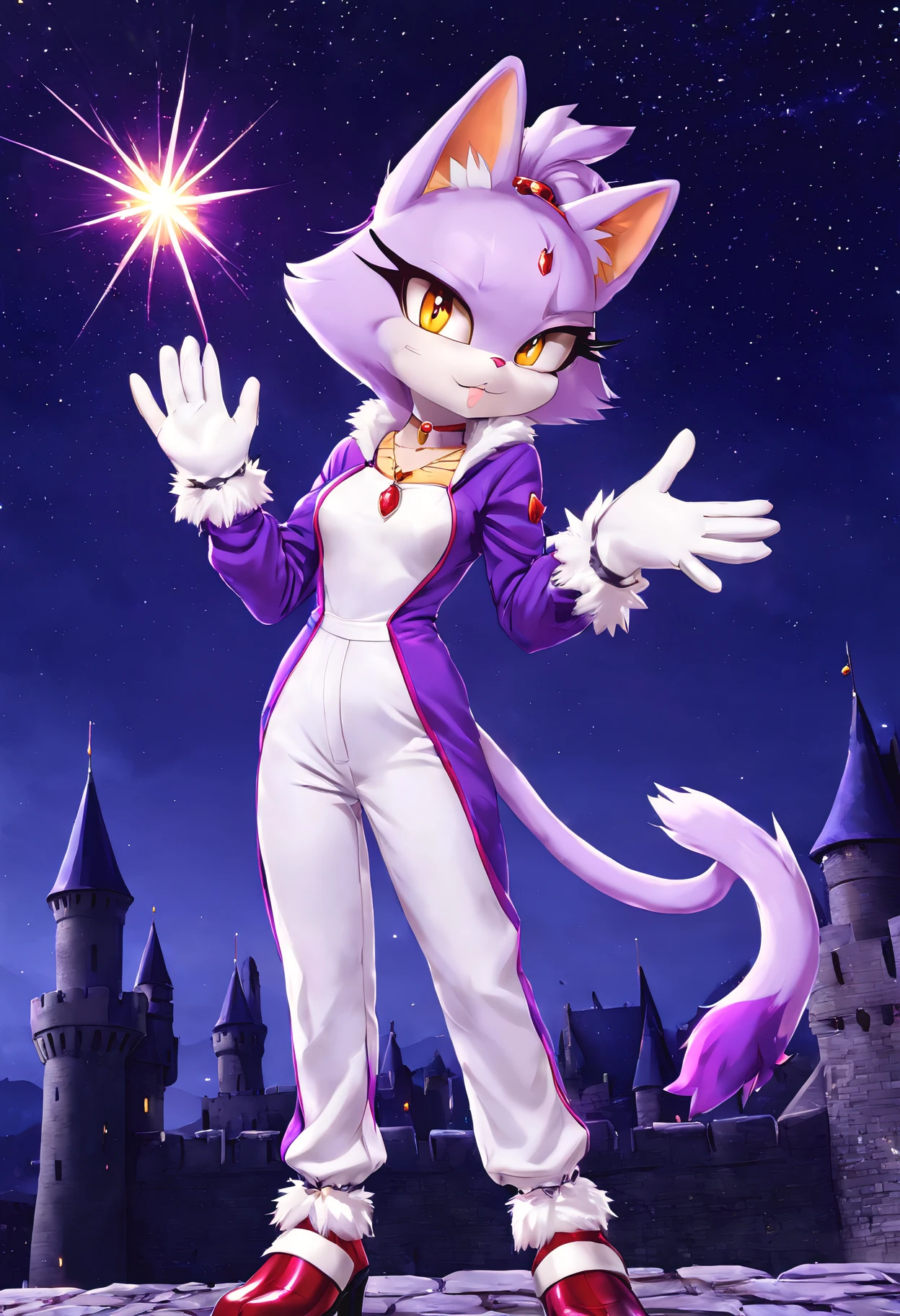 masterpiece, best quality, highres, Blaze The Cat, 1girl, gold necklace, white jumpsuit, animal_ears, closed_mouth, red forehead_jewel, fur-trimmed_gloves, fur_trim, furry, furry_female, gloves, long_sleeves, purple_coat, purple_hair, solo, standing, tied_hair, topknot, white_gloves, white_pants, yellow_eyes, tail, photo background, night sky, castle, solo, shooting star, star \(sky\), perfect hands, perfect anatomy