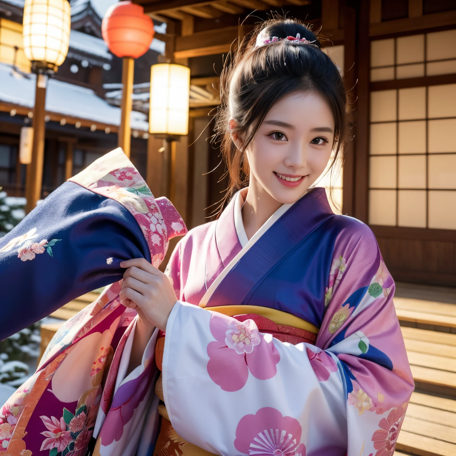 Woman in Japan kimono&#39;colorful kimono costume, Beautiful fece,She looks at the camera with a playful expression. Detailed artwork with vivid illustrations, Realistic colors, Capture every detail. The medium of digital painting, Guaranteed best quality and high resolution (4K or 8K). soft and romantic lighting, creating a dream-like atmosphere. The overall color is warm and gentle...................., Highlighting the fun and beauty of winter、A smile、It's snowing