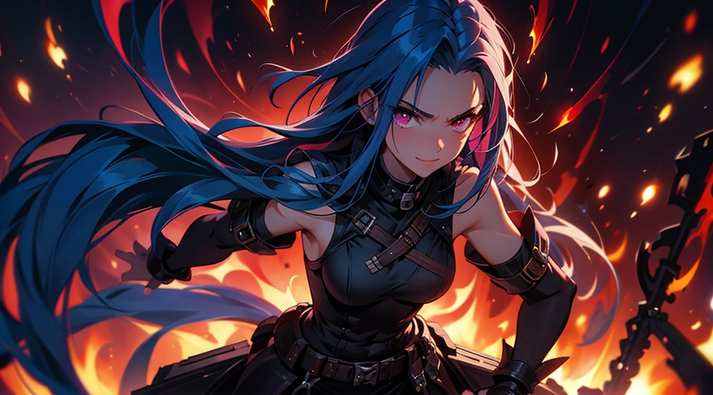 ,dark shadowy background,crazy pose,smirking expression,flaming red haircausing flames to dance around her,elongated fingers holding a pair of signature arcanelaser pistols pointed in different directions,arcane energy crackling around the weapons,digital illustration,stark contrast between vibrant colors and dark background,glowing blue arcane glyphs swirling around Jinx,colorful explosions in the distance,soft lighting casting dramatic shadows,absurdres,ultrasharp,8K.