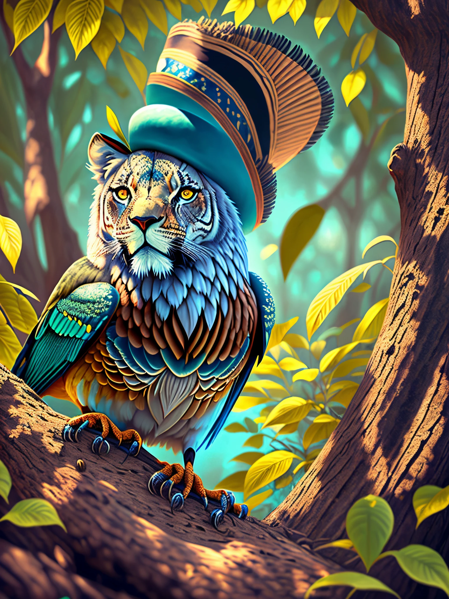 bird , talkbird , bird with hats , mexicain hats , bird blue , blues colors , see , trees , lion , --auto --s2