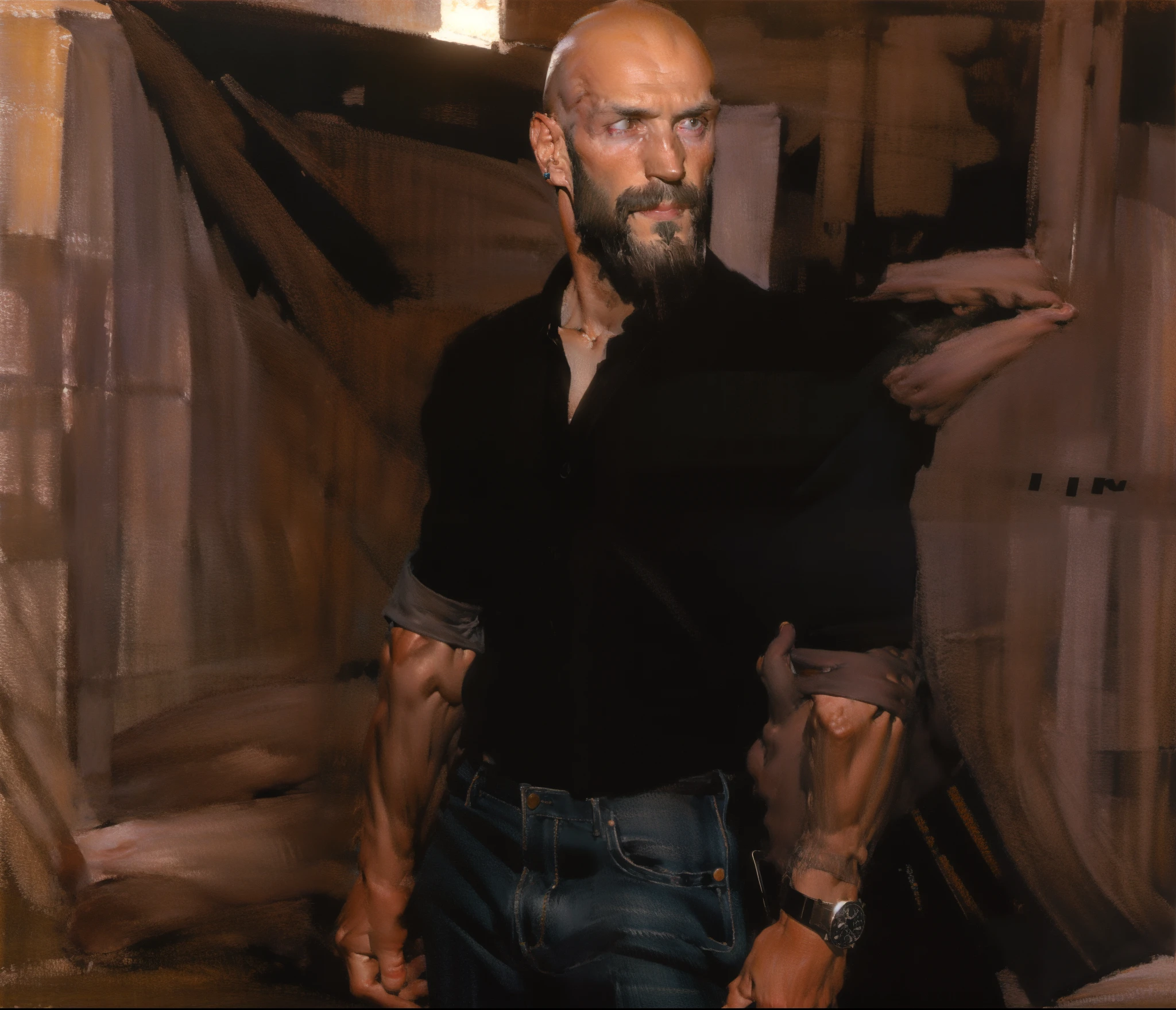character sheet, dilf, short beard, bald, lean body, tattoos, skater shoes, early 40's, wrist watch, white socks, artistic, black jeans, hunter green shirt, standing, handsome, gentle expression, slim tall build, white male, piercings, accessories, bracelets, nose piercing, silver earrings, art gallery
