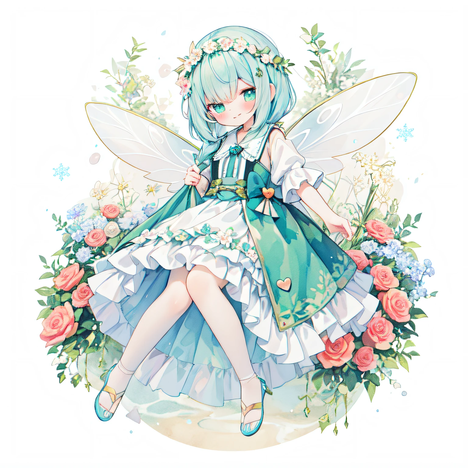 (PastelColors:1.3)、(Cute illustration:1.3)、(watercolor paiting:1.1)、(A smiling fairy with a motif of a big heart and a small heart..........:1.8)、On White Background、jumpping、levitation、A smile、Aster Harmony Garden Sprite,White snow、Noelle、reaching out her hand、cat on head、green and red background,(🎄A girl wearing large fairy wings made of。:1.9),With a cat,Christmas Backgrounds:1.3,(lift a large gift box:1.5),shining from the sky,Head down, feet up, ,ultra wide-angle ,Detailed background、Smile with open mouth、Beautifully detailed、Moya、colourfull、marble、Particles of light、patterns、Playful ruffles and layers create a whimsical touch, Narrow your waist to create a beautiful silhouette, something that wears a wreath decorated with flowers, I tied a ribbon to my braided hair............:1.3....., Lace-up sandals or ballet shoes with ribbon ties,
、 ,Thick wool gown:0.4