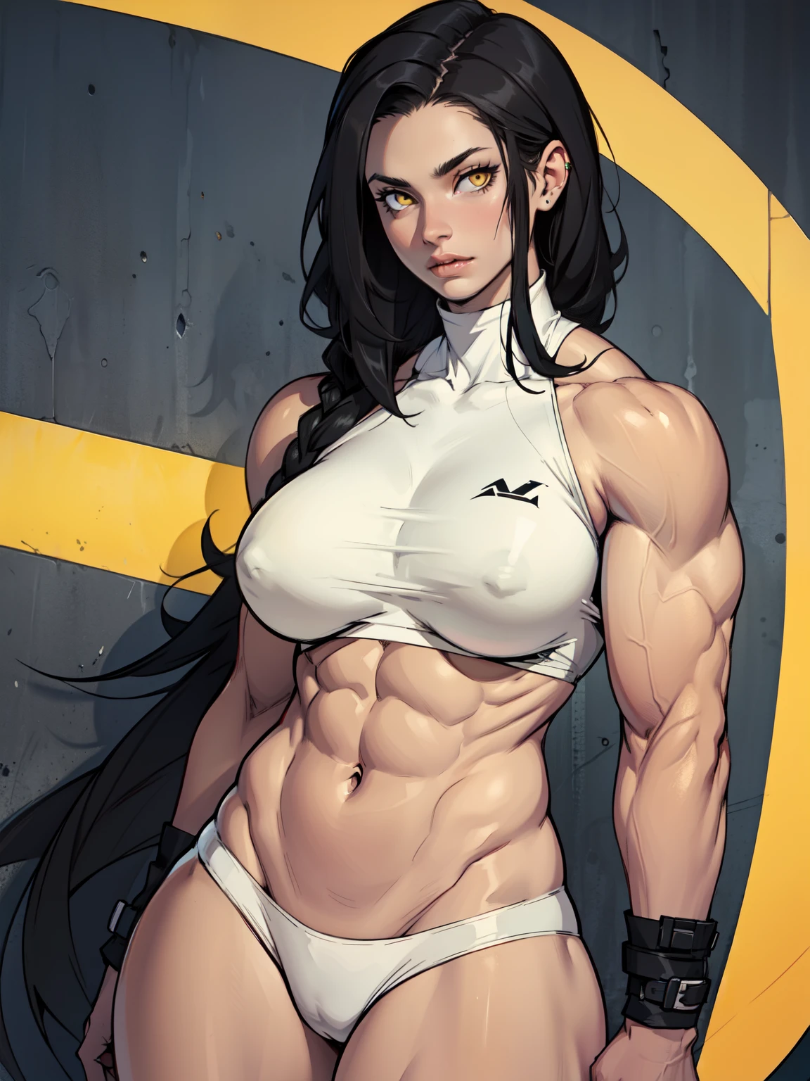 girl (((muscular girl large breasts thick))) pale skin black hair yellow eyes darkatmosphere