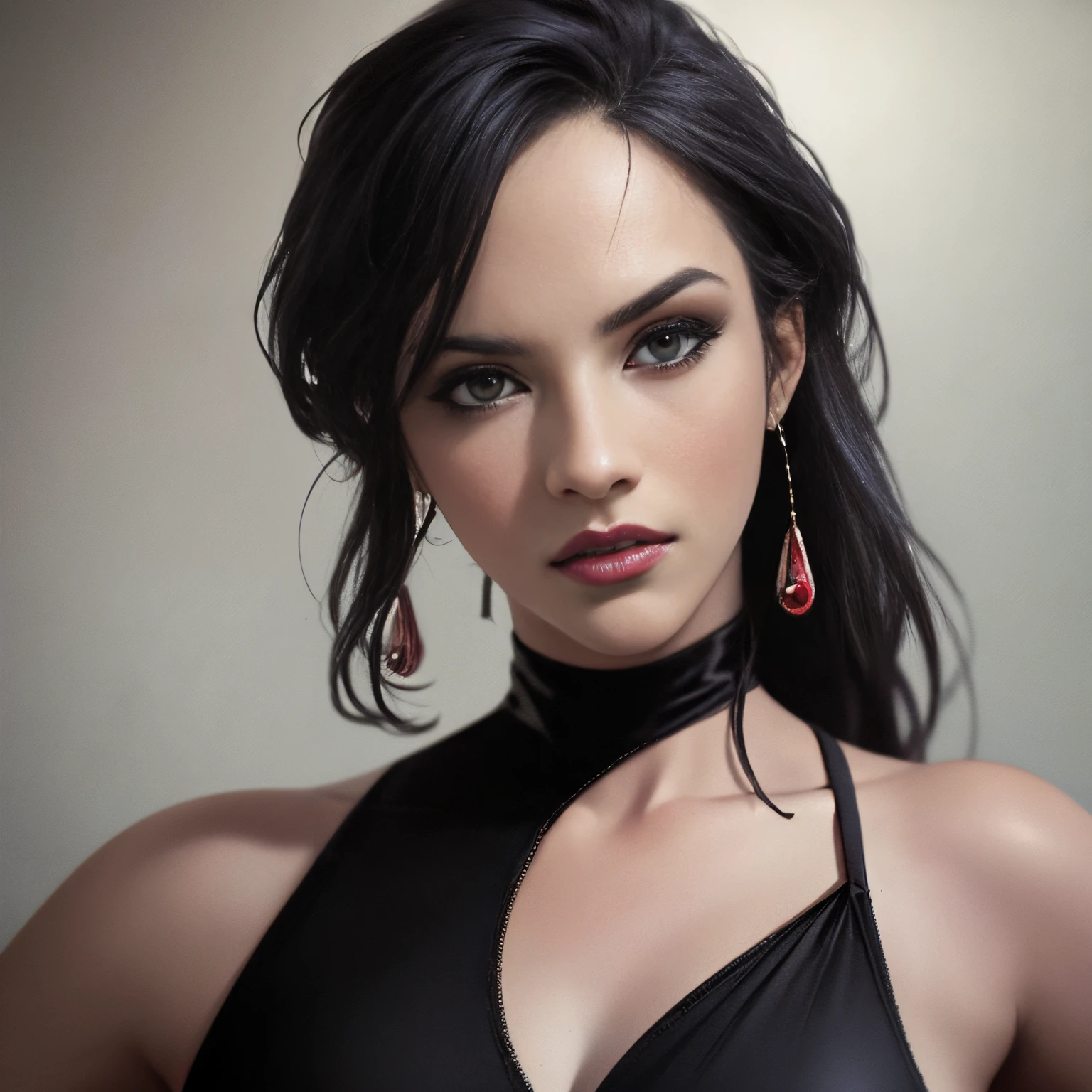 (best quality,4k,8k,highres,masterpiece:1.2),ultra-detailed,(realistic,photorealistic,photo-realistic:1.37), portraits, anime, vivid colors, studio lighting, dark atmosphere, mysterious, sexy woman in black outfit, fierce and powerful, Roberto Ferri, Krenz Cushart and artistic embryo, Cushart Krenz, female character, Ivan Tala Vera and artistic embryo, author: Yoshihiko Wada, artistic embryo Greg Rutkovsky_Greg, pinup art, Luis Ricardo Falero