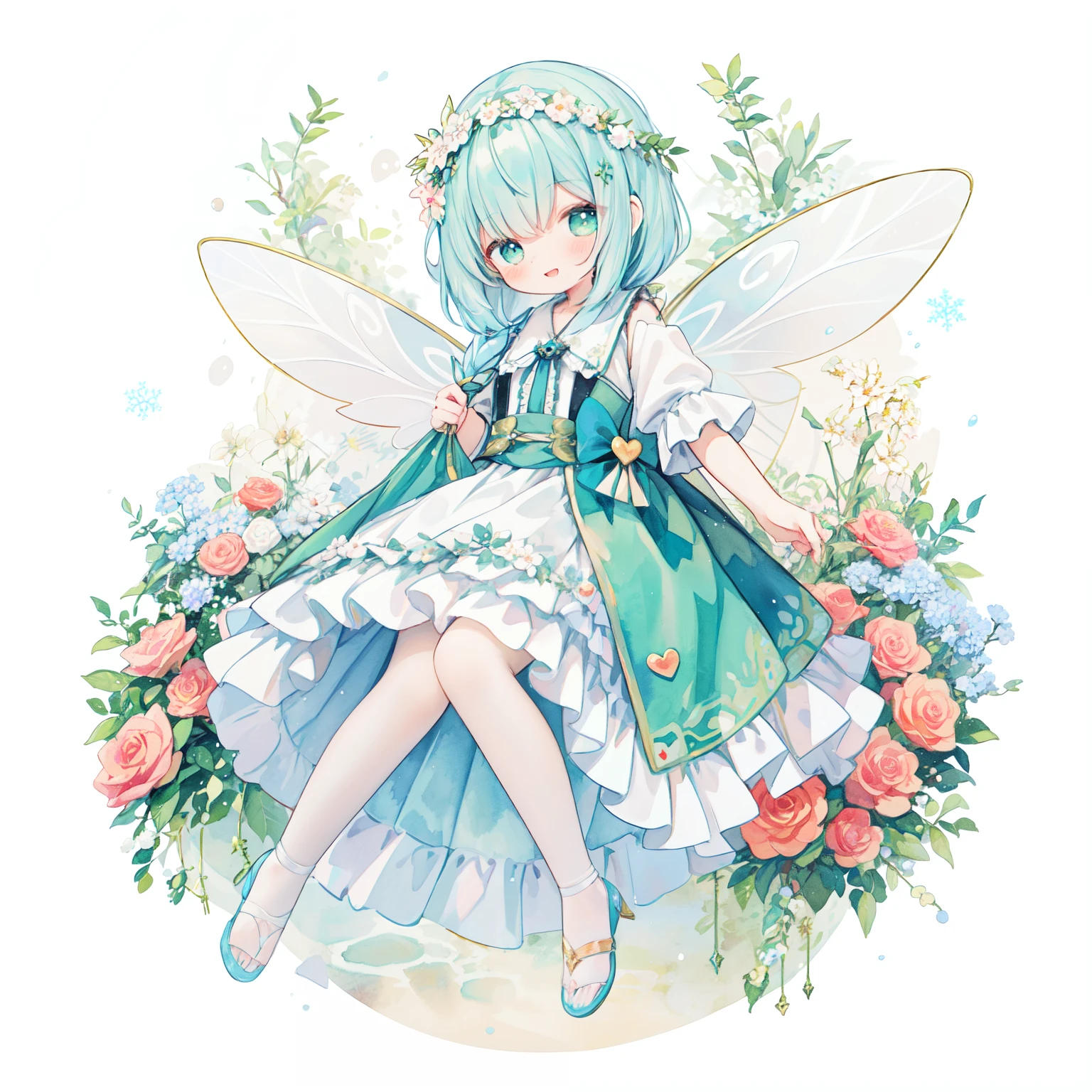 (PastelColors:1.3)、(Cute illustration:1.3)、(watercolor paiting:1.1)、（A smiling fairy with a motif of a big heart and a small heart.........：1.8）、On White Background、jumpping、levitation、A smile、Aster Harmony Garden Sprite,White snow、Noelle、reaching out her hand、cat on head、green and red background,(🎄A girl wearing large fairy wings made of：1.9),With a cat,Christmas Backgrounds:1.3,（lift a large gift box：1.5）,shining from the sky,Head down, feet up, ,ultra wide-angle ,Detailed background、Smile with open mouth、Beautifully detailed、Moya、colourfull、marble、Particles of light、patterns、Playful ruffles and layers create a whimsical touch, Narrow your waist to create a beautiful silhouette, something that wears a wreath decorated with flowers, I tied a ribbon to my braided hair...........：1.3....., Lace-up sandals or ballet shoes with ribbon ties, 
、 ,Thick wool gown:0.4