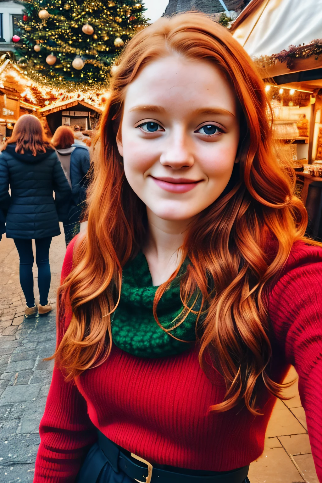 1girl in, age19, Solo, Aesthetic artwork, irish, wavy ginger hair, shoulder length hair, at a Christmas market with friends, selfie